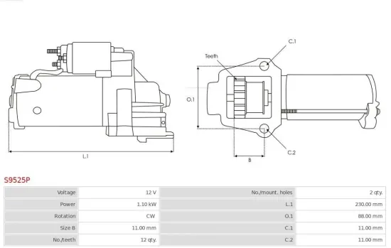 Starter 12 V 1,1 kW AS-PL S9525P Bild Starter 12 V 1,1 kW AS-PL S9525P