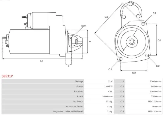 Starter 12 V 1,4 kW AS-PL S9531P Bild Starter 12 V 1,4 kW AS-PL S9531P