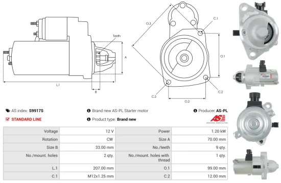 Starter 12 V 1,2 kW AS-PL S9917S Bild Starter 12 V 1,2 kW AS-PL S9917S