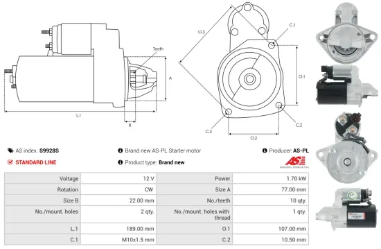 Starter 12 V 1,7 kW AS-PL S9928S Bild Starter 12 V 1,7 kW AS-PL S9928S