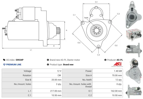 Starter 12 V 1,4 kW AS-PL S9934P Bild Starter 12 V 1,4 kW AS-PL S9934P