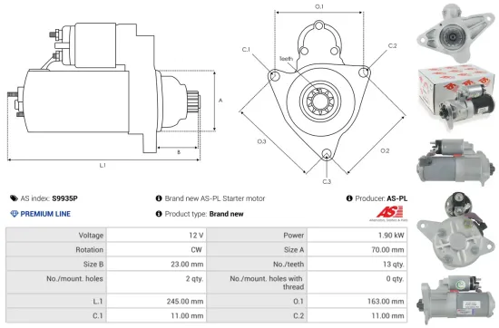 Starter 12 V 1,9 kW AS-PL S9935P Bild Starter 12 V 1,9 kW AS-PL S9935P