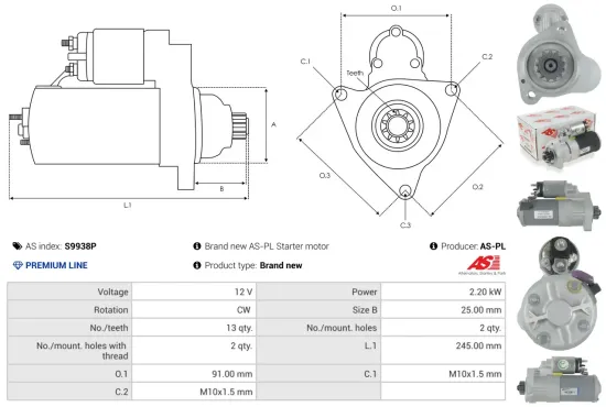 Starter 12 V 2,2 kW AS-PL S9938P Bild Starter 12 V 2,2 kW AS-PL S9938P