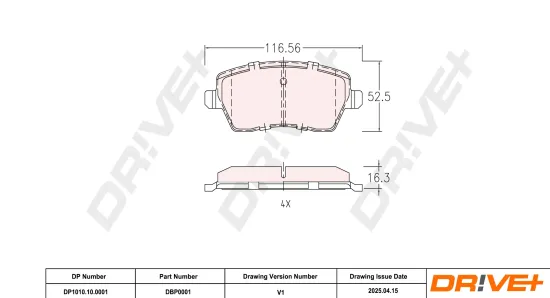 Bremsbelagsatz, Scheibenbremse Vorderachse DR!VE+ DP1010.10.0001 Bild Bremsbelagsatz, Scheibenbremse Vorderachse DR!VE+ DP1010.10.0001