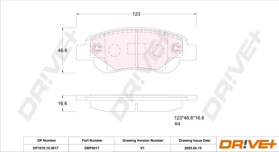 Bremsbelagsatz, Scheibenbremse Vorderachse DR!VE+ DP1010.10.0017 Bild Bremsbelagsatz, Scheibenbremse Vorderachse DR!VE+ DP1010.10.0017