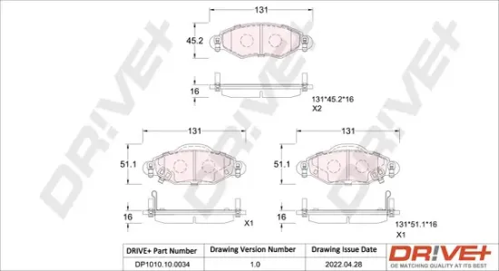 Bremsbelagsatz, Scheibenbremse Vorderachse Dr!ve+ DP1010.10.0034 Bild Bremsbelagsatz, Scheibenbremse Vorderachse Dr!ve+ DP1010.10.0034