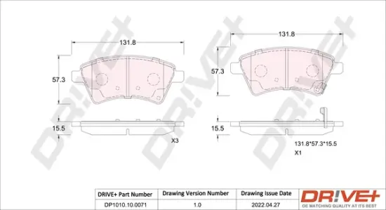 Bremsbelagsatz, Scheibenbremse Vorderachse Dr!ve+ DP1010.10.0071 Bild Bremsbelagsatz, Scheibenbremse Vorderachse Dr!ve+ DP1010.10.0071