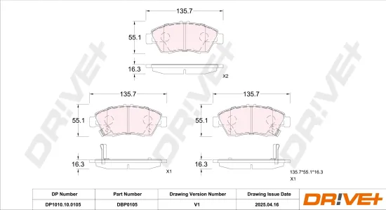 Bremsbelagsatz, Scheibenbremse Vorderachse Dr!ve+ DP1010.10.0105 Bild Bremsbelagsatz, Scheibenbremse Vorderachse Dr!ve+ DP1010.10.0105