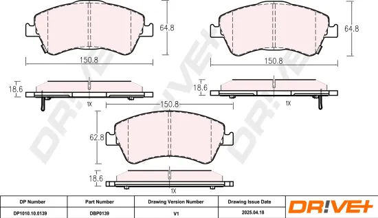 Bremsbelagsatz, Scheibenbremse Vorderachse DR!VE+ DP1010.10.0139 Bild Bremsbelagsatz, Scheibenbremse Vorderachse DR!VE+ DP1010.10.0139