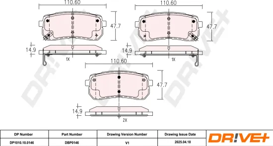 Bremsbelagsatz, Scheibenbremse Hinterachse DR!VE+ DP1010.10.0146 Bild Bremsbelagsatz, Scheibenbremse Hinterachse DR!VE+ DP1010.10.0146