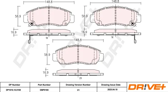 Bremsbelagsatz, Scheibenbremse Vorderachse DR!VE+ DP1010.10.0165 Bild Bremsbelagsatz, Scheibenbremse Vorderachse DR!VE+ DP1010.10.0165
