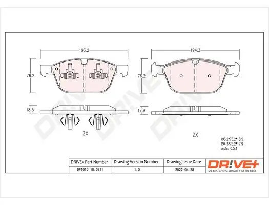 Bremsbelagsatz, Scheibenbremse Vorderachse Dr!ve+ DP1010.10.0311