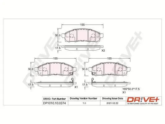 Bremsbelagsatz, Scheibenbremse Vorderachse Dr!ve+ DP1010.10.0374 Bild Bremsbelagsatz, Scheibenbremse Vorderachse Dr!ve+ DP1010.10.0374