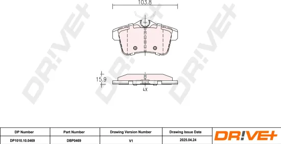 Bremsbelagsatz, Scheibenbremse Hinterachse DR!VE+ DP1010.10.0469 Bild Bremsbelagsatz, Scheibenbremse Hinterachse DR!VE+ DP1010.10.0469