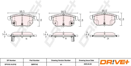 Bremsbelagsatz, Scheibenbremse Hinterachse DR!VE+ DP1010.10.0742 Bild Bremsbelagsatz, Scheibenbremse Hinterachse DR!VE+ DP1010.10.0742