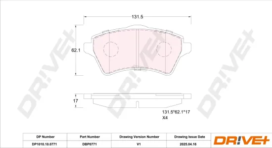 Bremsbelagsatz, Scheibenbremse Vorderachse DR!VE+ DP1010.10.0771 Bild Bremsbelagsatz, Scheibenbremse Vorderachse DR!VE+ DP1010.10.0771