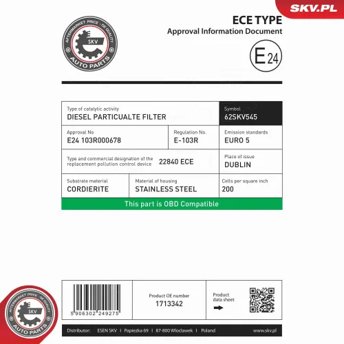 Ruß-/Partikelfilter, Abgasanlage vorne ESEN SKV 62SKV545 Bild Ruß-/Partikelfilter, Abgasanlage vorne ESEN SKV 62SKV545