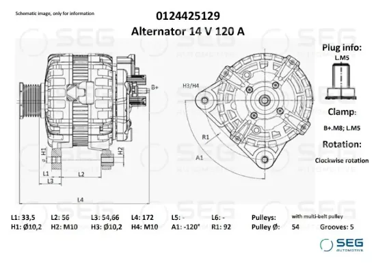 Generator 14 V SEG Automotive 0124425129 Bild Generator 14 V SEG Automotive 0124425129