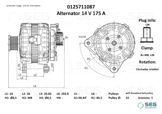 Generator 14 V SEG Automotive 0125711087 Bild Generator 14 V SEG Automotive 0125711087