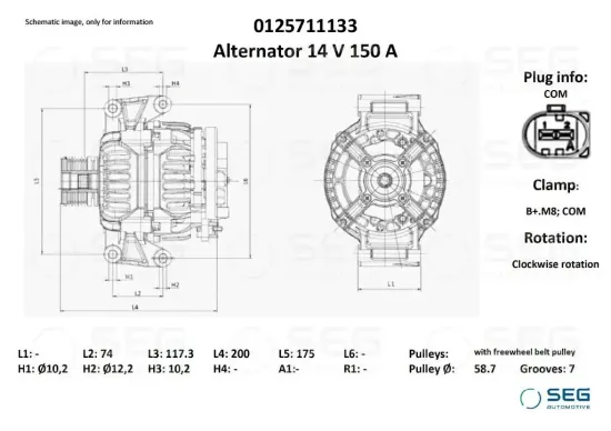 Generator 14 V SEG Automotive 0125711133 Bild Generator 14 V SEG Automotive 0125711133