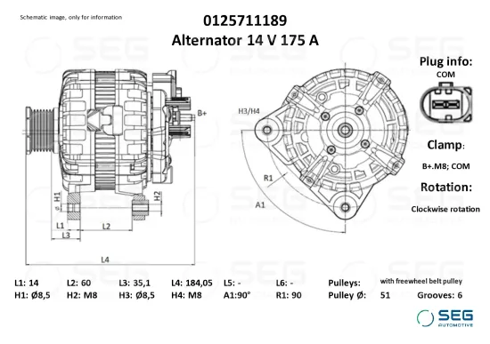 Generator 14 V SEG Automotive 0125711189 Bild Generator 14 V SEG Automotive 0125711189