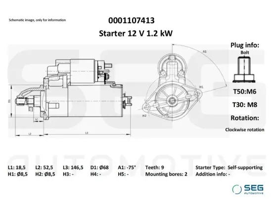 Starter 12 V 1,2 kW SEG Automotive 0001107413 Bild Starter 12 V 1,2 kW SEG Automotive 0001107413