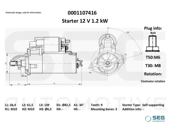 Starter 12 V 1,2 kW SEG Automotive 0001107416 Bild Starter 12 V 1,2 kW SEG Automotive 0001107416