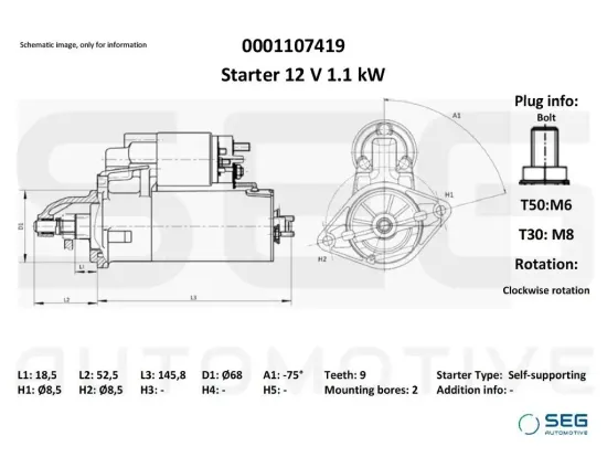 Starter 12 V 1,3 kW SEG Automotive 0001107419 Bild Starter 12 V 1,3 kW SEG Automotive 0001107419
