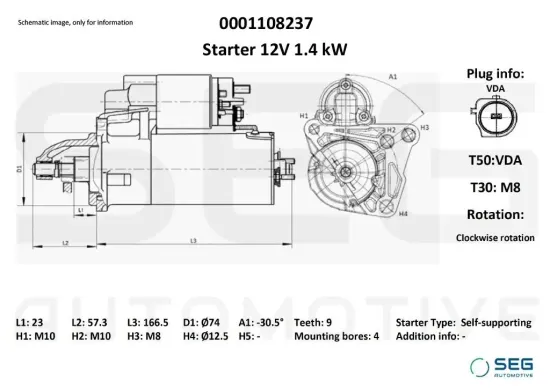 Starter 12 V 1,4 kW SEG Automotive 0001108237 Bild Starter 12 V 1,4 kW SEG Automotive 0001108237