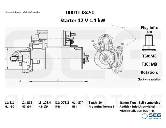 Starter 12 V 1,4 kW SEG Automotive 0001108450 Bild Starter 12 V 1,4 kW SEG Automotive 0001108450