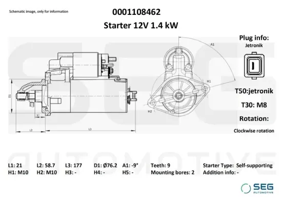 Starter 12 V 1,4 kW SEG Automotive 0001108462 Bild Starter 12 V 1,4 kW SEG Automotive 0001108462
