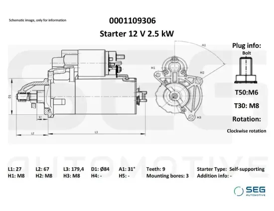 Starter 12 V 2,5 kW SEG Automotive 0001109306 Bild Starter 12 V 2,5 kW SEG Automotive 0001109306