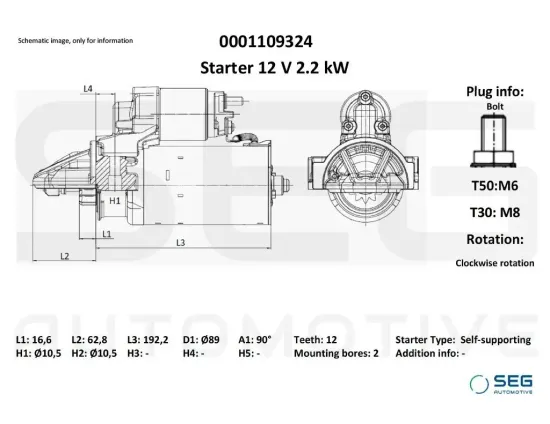Starter 12 V 2,2 kW SEG Automotive 0001109324 Bild Starter 12 V 2,2 kW SEG Automotive 0001109324