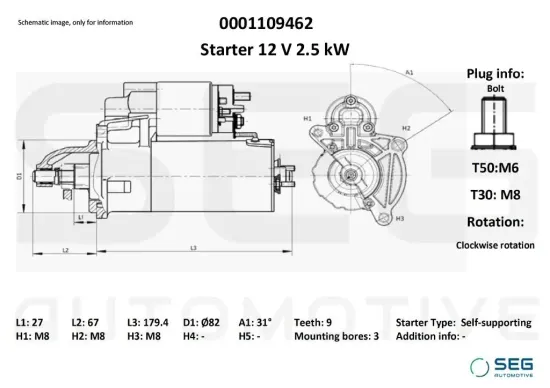 Starter 12 V 2,5 kW SEG Automotive 0001109462 Bild Starter 12 V 2,5 kW SEG Automotive 0001109462
