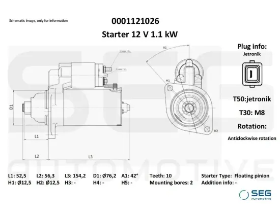 Starter 12 V 1,2 kW SEG Automotive 0001121026 Bild Starter 12 V 1,2 kW SEG Automotive 0001121026