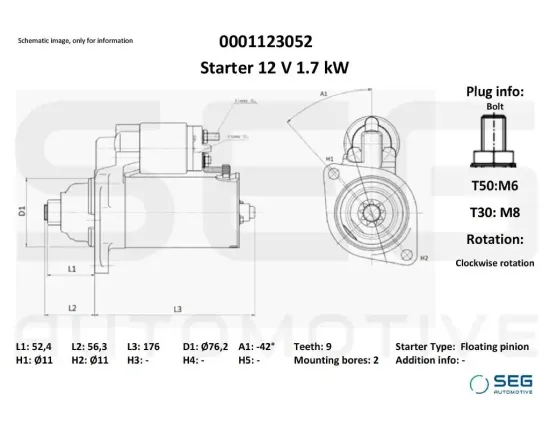 Starter 12 V 1,7 kW SEG Automotive 0001123052 Bild Starter 12 V 1,7 kW SEG Automotive 0001123052