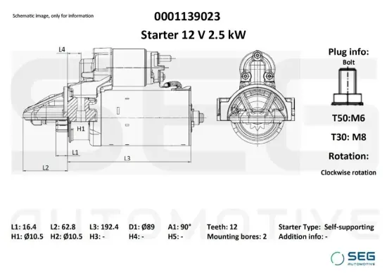Starter 12 V 2,5 kW SEG Automotive 0001139023 Bild Starter 12 V 2,5 kW SEG Automotive 0001139023