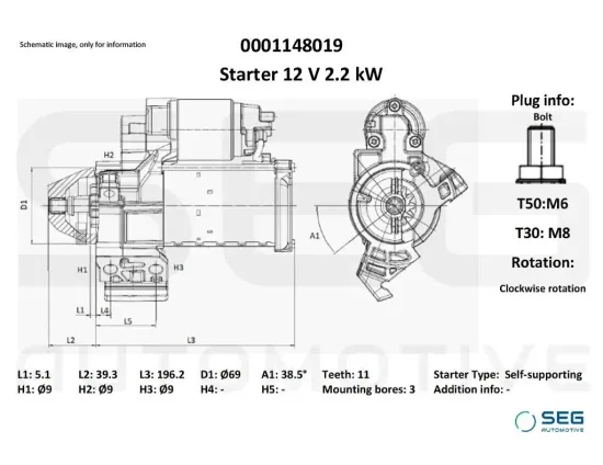 Starter 12 V 2,2 kW SEG Automotive 0001148019 Bild Starter 12 V 2,2 kW SEG Automotive 0001148019