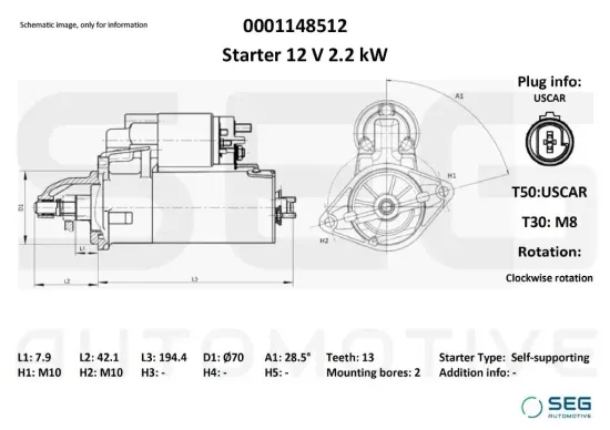 Starter 12 V 2,2 kW SEG Automotive 0001148512 Bild Starter 12 V 2,2 kW SEG Automotive 0001148512