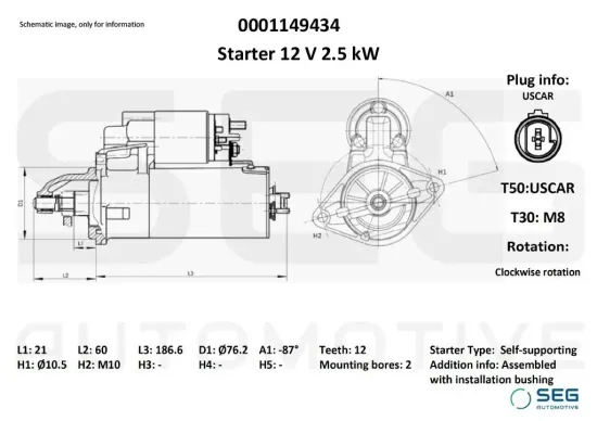 Starter 12 V 2,5 kW SEG Automotive 0001149434 Bild Starter 12 V 2,5 kW SEG Automotive 0001149434