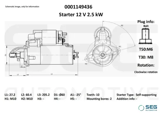 Starter 12 V 2,5 kW SEG Automotive 0001149436 Bild Starter 12 V 2,5 kW SEG Automotive 0001149436