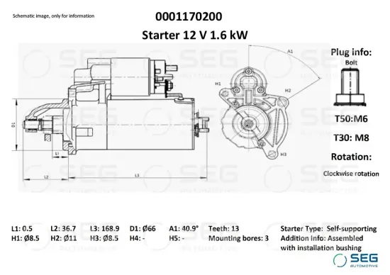 Starter 12 V 1,6 kW SEG Automotive 0001170200 Bild Starter 12 V 1,6 kW SEG Automotive 0001170200