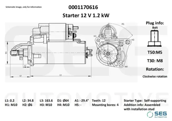Starter 12 V 1,2 kW SEG Automotive 0001170616 Bild Starter 12 V 1,2 kW SEG Automotive 0001170616