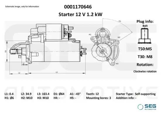 Starter 12 V 1,2 kW SEG Automotive 0001170646 Bild Starter 12 V 1,2 kW SEG Automotive 0001170646