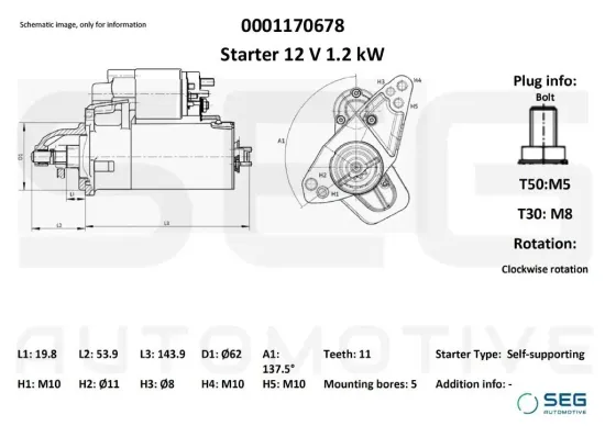 Starter 12 V 1,2 kW SEG Automotive 0001170678 Bild Starter 12 V 1,2 kW SEG Automotive 0001170678