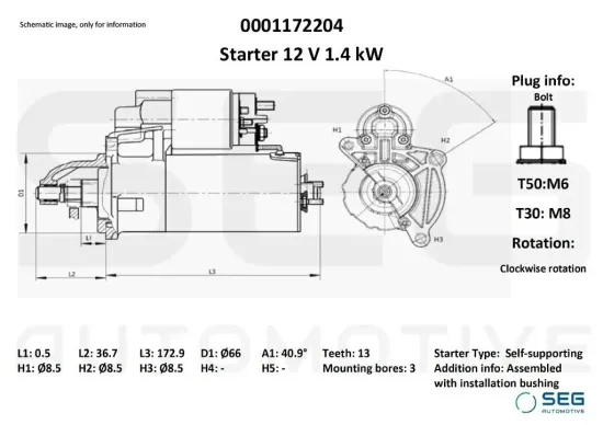 Starter 12 V 1,4 kW SEG Automotive 0001172204 Bild Starter 12 V 1,4 kW SEG Automotive 0001172204