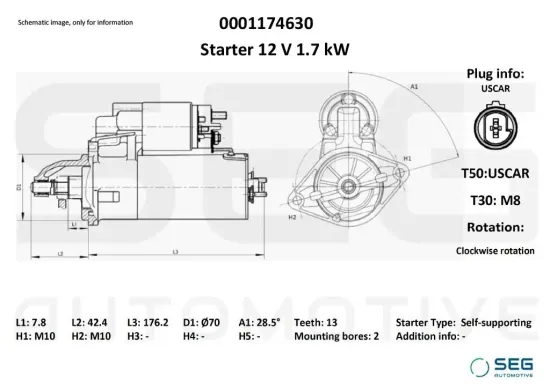 Starter 12 V 1,7 kW SEG Automotive 0001174630 Bild Starter 12 V 1,7 kW SEG Automotive 0001174630
