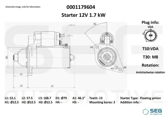 Starter 12 V 1,7 kW SEG Automotive 0001179604 Bild Starter 12 V 1,7 kW SEG Automotive 0001179604