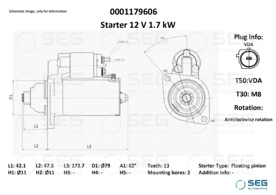 Starter 12 V 1,7 kW SEG Automotive 0001179606 Bild Starter 12 V 1,7 kW SEG Automotive 0001179606