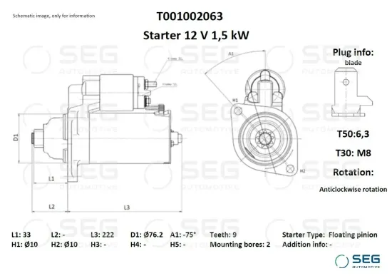 Starter 12 V 1,5 kW SEG Automotive T001002063 Bild Starter 12 V 1,5 kW SEG Automotive T001002063